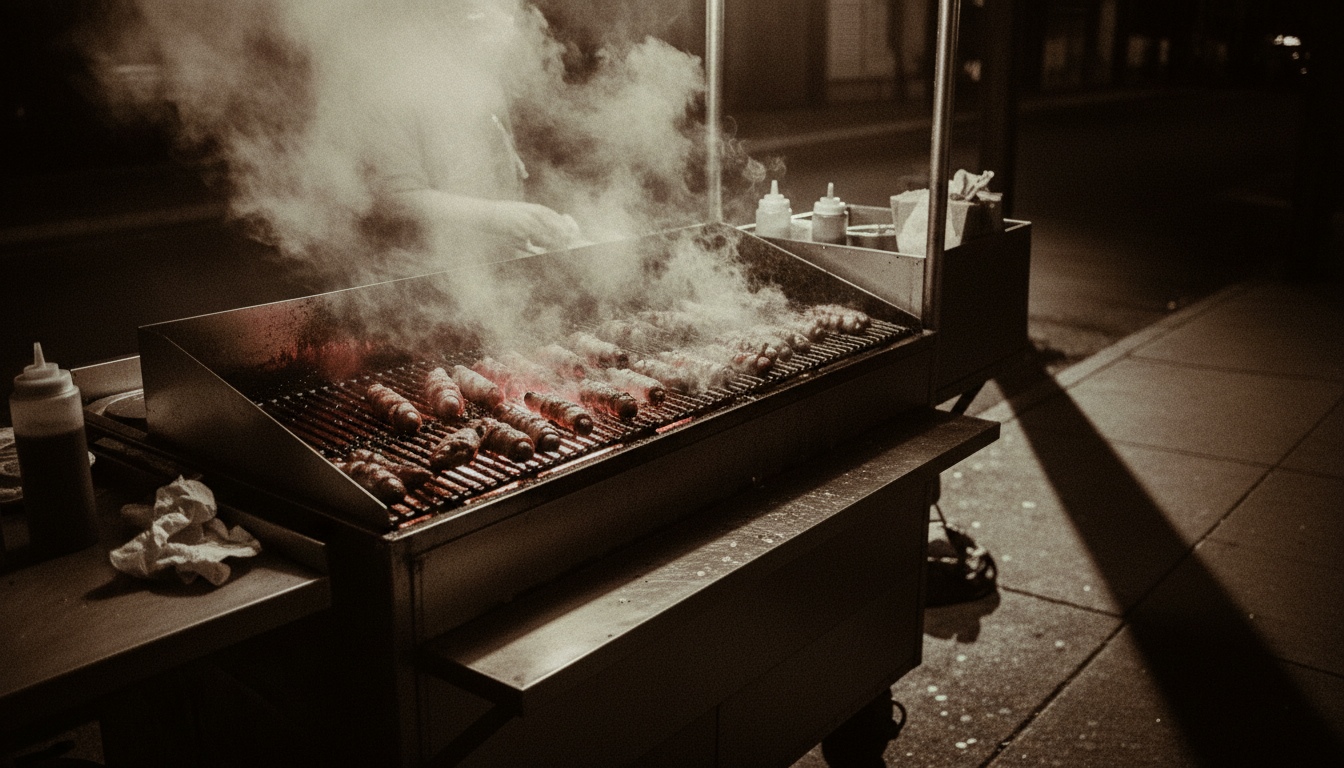 Hot dog grill at night with steam rising