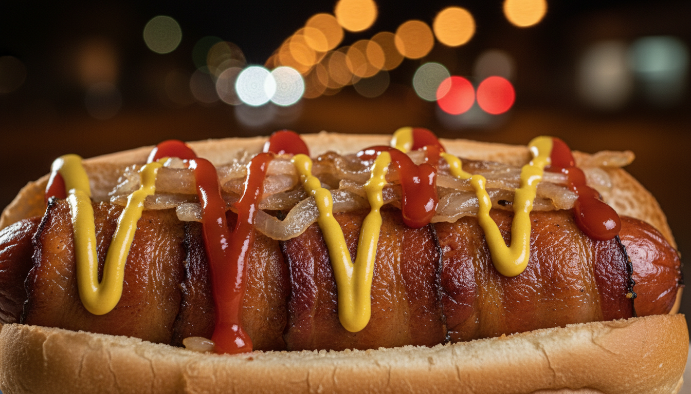 Bacon-wrapped hot dog close-up